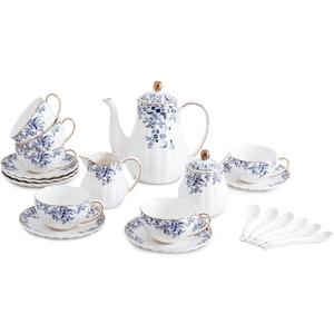 Ceramic Tea Set Vintage Floral,Teapot， Cup and Saucer Set, Sugar Bowl and Creamer Pitcher with Spoons (Little Blue Flowers)