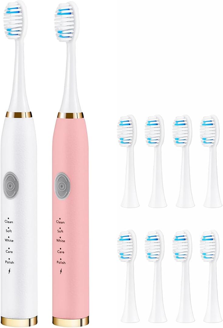2 Pack Electric Toothbrush for Adults, Travel Electric Toothbrush Includes 10 Replacement Brush Heads, 5 Modes, 2 Hours Charge for 45 Days (White & Pink)