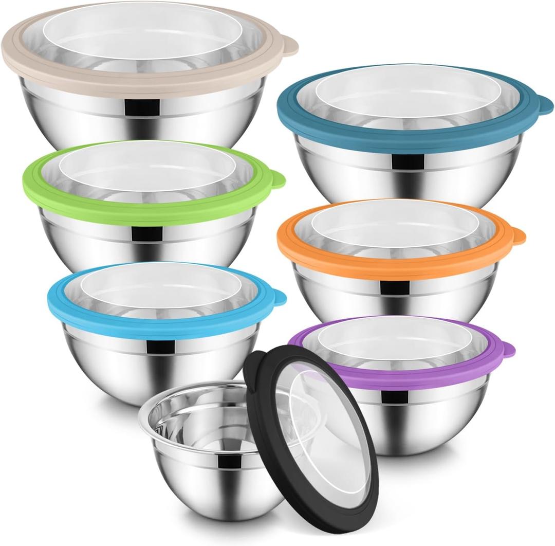 E-far Mixing Bowls Set of 7, Stainless Steel Mixing Bowls with Airtight Clear Lids, Metal Nesting Bowls for Kitchen Prep, Baking, Serving, Dishwasher Safe, Size 4.6, 3.5, 3, 2, 1.5, 1, 0.7QT, Colorful (Multicolor)