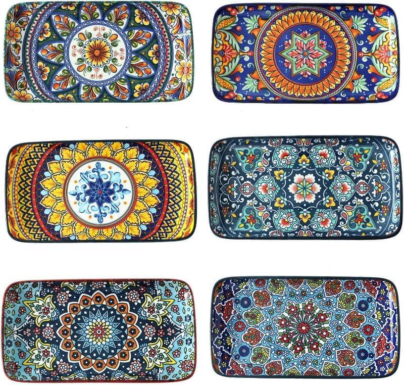 glowworm Porcelain Appetizer Plates Set of 6, 8.5 Inch Rectangular Salad Plates for Sushi, Dessert, Christmas Serving Platters, Serving Tray for Party, Microwave & Oven Safe, Bohemian