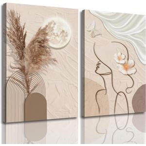 TJRRKYHY 2Pcs Modern Boho Abstract Canvas Wall Art Beige Minimalist Woman Line Art Decor Neutral Geometry Prints for Living Room Bedroom Bathroom Home Decor (16x24in canvas)
