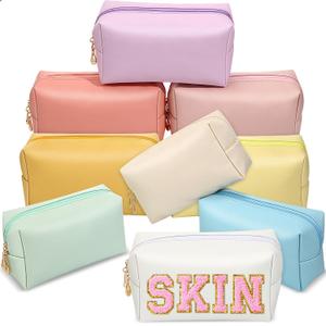 Sanwuta 9 Pcs Makeup Bags Bulk PU Double Zippers Cosmetic Bag Makeup Toiletry Small Pouch Portable Travel Organizers Case for Women Bridesmaid Proposal Gifts(Macaron Colors)