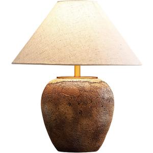 Rustic Farmhouse Clay Pot Table Vintage Distressed Ceramic Table Lamp with White Fabric Lampshade American Southwestern Textured Ceramic Lamp for Living Room Bedroom Office