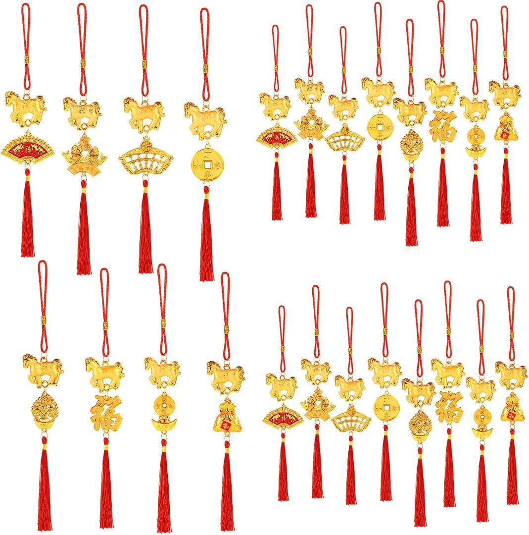 24 Pcs Chinese New Year Horse Decorations Bulk Lunar New Year 2026 Red Tassel Ornaments with Wealth Success Good Luck Hanging Decorations for Gifts Home Car Decor