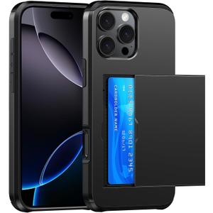 Wallet for iPhone 16 Pro Max Case with Card Holder Dual Layer Military Grade Protective Shockproof Hidden Card Slot Slim Fit Phone Cover - Black