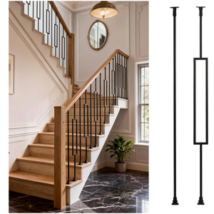 WICHEMI 32 Pack Balusters for Staircase Interior, 44" x1/2" Wrought Iron Stair Balusters Indoor Hollow 16 Single Rectangle 16 Straight with 64 Fixed Swivel Shoes