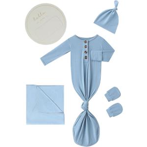 Newborn Baby Swaddle Blanket Set with Baby Knotted Gown, Mittens, Hat - Bamboo Viscose Receiving Blanket Bundle (Dusty Blue) Newborn Baby Swaddle Blanket Set with Baby Knotted Gown, Mittens, Hat - Bamboo Viscose Receiving Blanket Bundle (Dusty Blue)