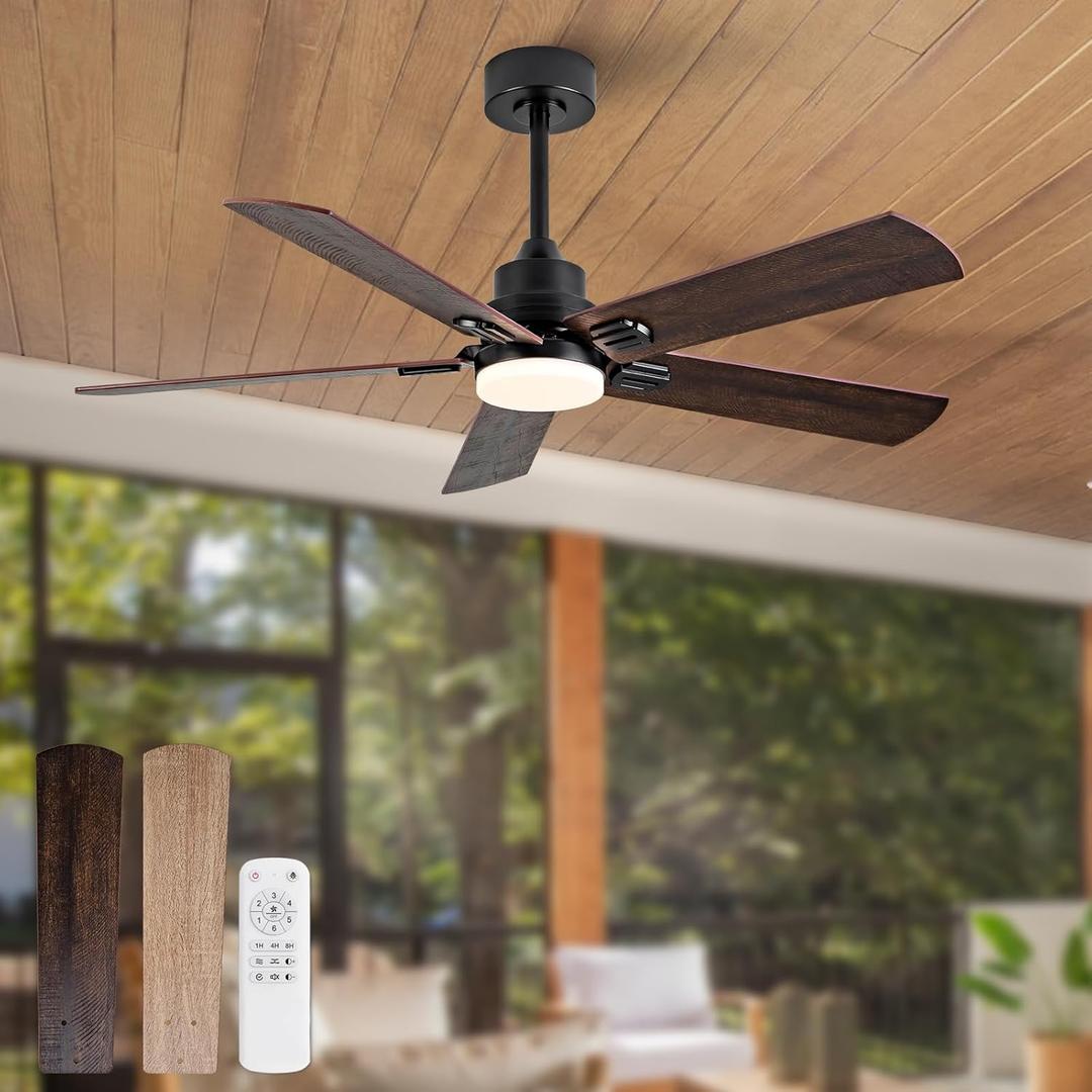 BOOMJOY 42 Inch Black Outdoor Ceiling Fans with Lights and Remote, Dimmable 5 Blade Outdoor Ceiling Fans for Patios, Black Ceiling Fan with Light for Bedroom Indoor Living Room (Dark Walnut A)