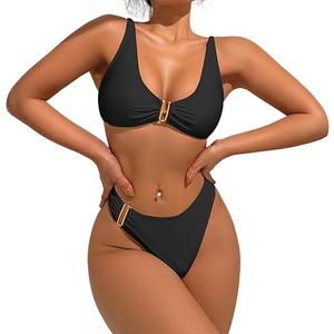 Fanuerg Women's Halter V Neck Bikini Sets Ring Linked Two Piece Swimsuit Cheeky Swim Bathing Suit 2025, Only Top (Black, 2XL)