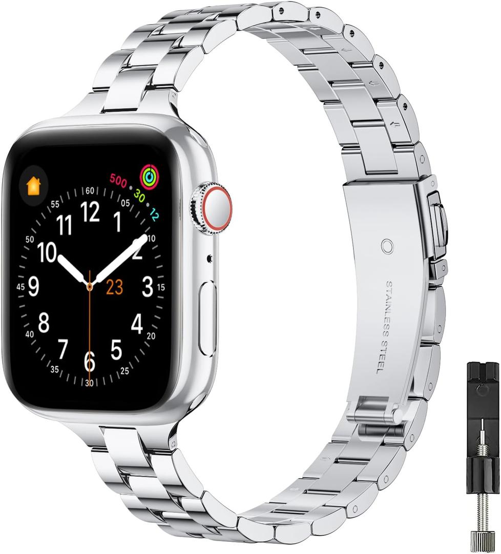 OMIU Thin Band Compatible with Apple Watch Premium Stainless Steel Metal Replacement Adjustable Wristband Strap for iWatch Ultra Silver, (38mm 40mm 41mm 42mm(Series 10 11))