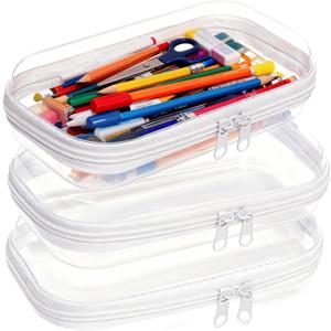 3PCS Clear Hard Plastic Zipper Case, Double Zippers Hard Pouch, Portable Travel Organizer Bin Clear Makeup Bag for Toy Storage, Snack Bag, Cosmetics, Pencil Case, Diaper Bag, Toiletry Bag (3PCS-S)
