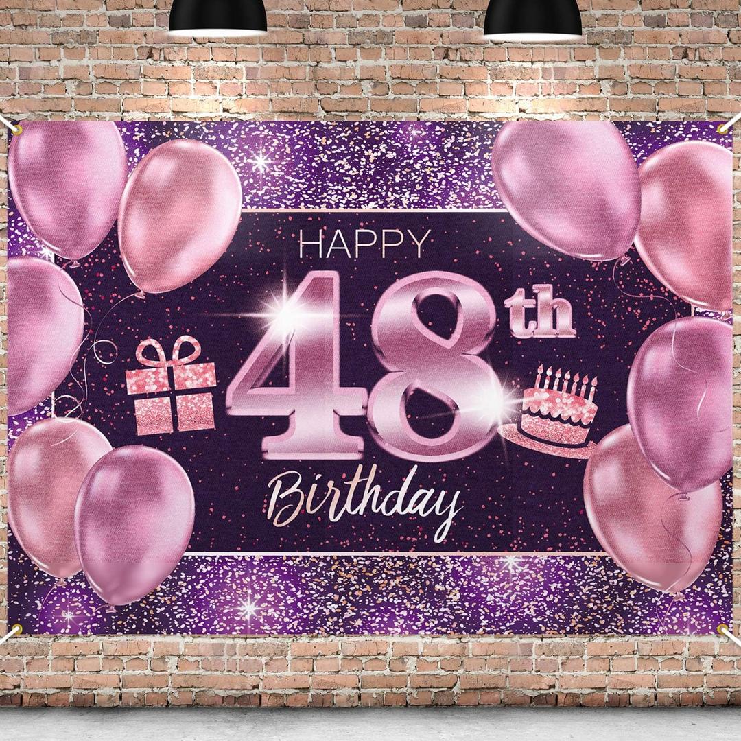 Happy 48th Birthday Banner Backdrop - 48 Birthday Party Decorations Supplies for Women - Pink Purple Gold 4 x 6ft
