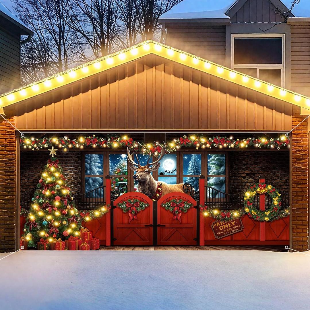 FuWeave 7x16 ft Christmas Garage Door Cover, 2026 Reindeer Garage Door Banner Backdrop, Large Bow Garland Decors, Winter Moon Bells Gift Box Backdrop for Wall House Holiday Party Decor