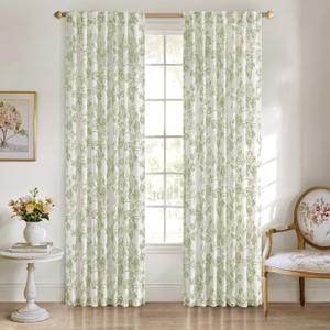 ANRODUO Vintage Linen Curtains Light Green Floral Patterned Sheer Curtains 84 Inches Long Light Filtering Farmhouse Country Style Drapes 2 Panels Rod Pocket Back Tab Curtains for Living Room Bedroom