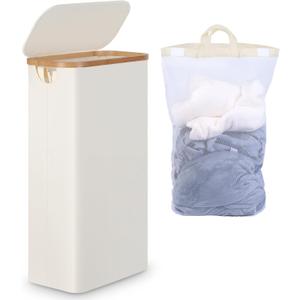 Slim Laundry Basket with Lid, Narrow Laundry Hamper with Removable Bag, Skinny Dirty Clothes Basket with Bamboo Handles for Bathroom, Bedroom & Laundry Room, 63L Beige (63L, Beige)