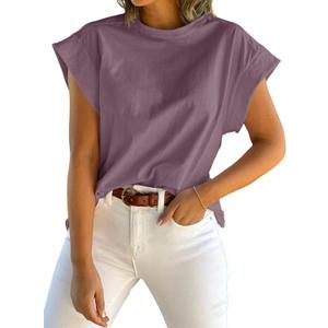 Tankaneo Womens Summer Cap Sleeve Tank Top Crew Neck Solid Casual Loose Fit Basic Tee Shirt (XX-Large, Purple)