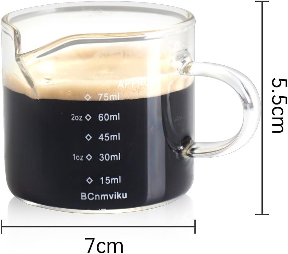 1 PACK Espresso Glass Measuring Cup Triple Pitcher Milk Cup 75ML Espresso Cups with Handle Shot Glass with V-Shaped Mouth Clear Accessories Milk Frothing Pitcher 