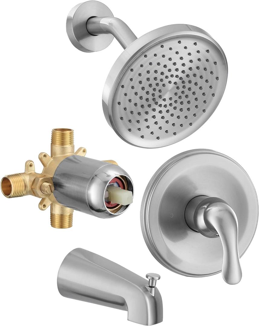 Tub Shower Faucet Set with Valve, Tub and Shower Faucet Set Complete Brushed Nickel, Single-Handle Tub and Shower Trim Kit with High-Pressure 6 Inch Rain Shower Head and Tub Spout