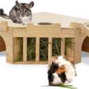 Fhiny Guinea Pig Wooden Castle with Hay Holder, Ventilated Chinchilla Hideout with Feeding Bowl Ladder, Small Animal Multi Chamber Hideaway for Young Guinea Pigs Chinchillas Hedgehogs