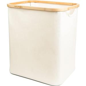 Naturoom 60L Bamboo Storage Basket | Laundry Hamper, Folding Bamboo Frame Fabric Shelf Basket With Handles, Large Cube Organizer For Bathroom, Bedroom Dirty Clothes/Towels/Blankets/Toys Storage Bin
