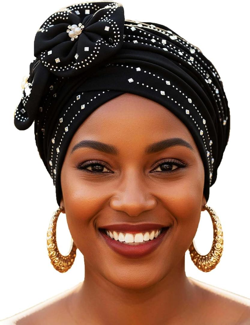 Woeoe Beanie Cap Head Wrap Black Rhinestones Head Scarf Flower Pearls Twisted Head Turban for Women Girls (One Size-Medium)