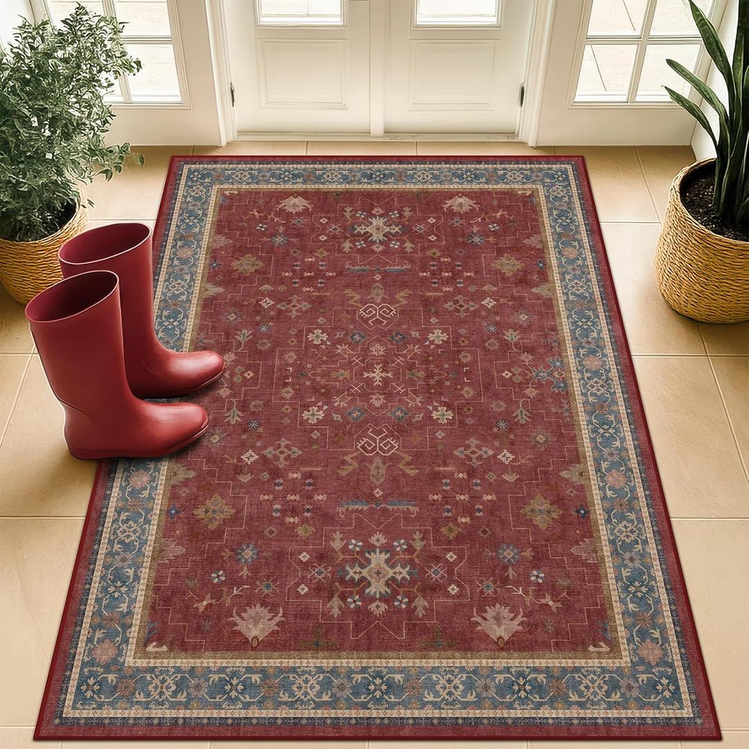 Washable 3x4 Rugs for Entryway - Burgundy Large Kitchen Rug, Non Slip Inside Door Mats for Home Entrance, Unique Bohemian Red Low Pile Thin Carpet for Bedroom Bedside, Foyer
