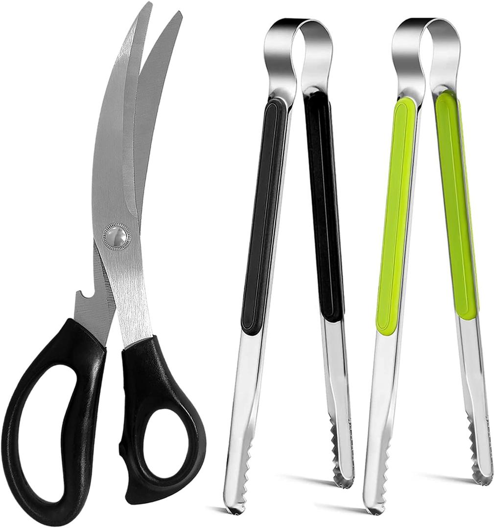 Kitchen Scissors. Korean Barbecue Scissors and Tongs Set, Kitchen Shears and Tongs for Cutting Meat, Chicken, Vegetables, Stainless Steel Multipurpose Non-slip Serrated Sharp BBQ Scissors BBQ Tongs