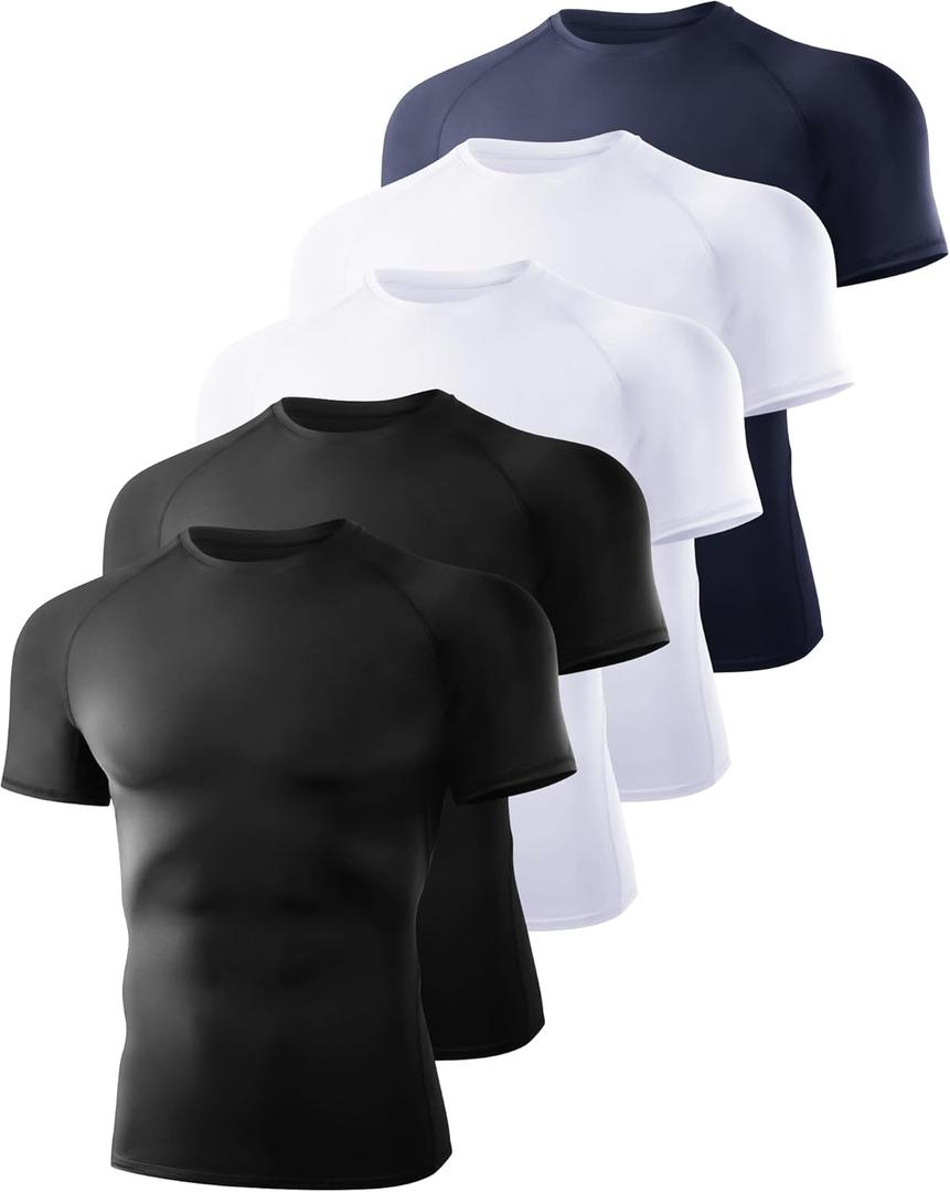 5 Pack Short Sleeve Compression Shirt Men - Workout Quick Dry Base Layer Shirts Moisture Wicking Top for Gym Athletic (X-Large, 1-Black/Black/White/White/Navy)