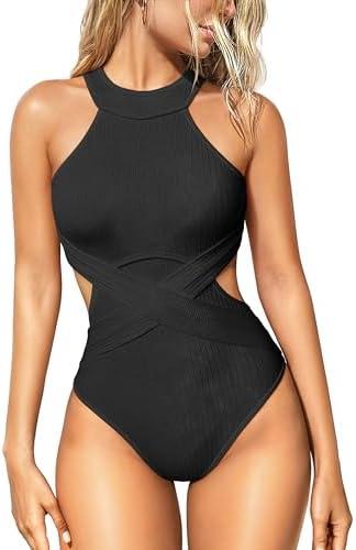 OQQ Women's One Piece Swimsuits Tummy Control High Waisted Cross Bathing Suit Wrap Tie Back 1 Piece Swimwear, XL