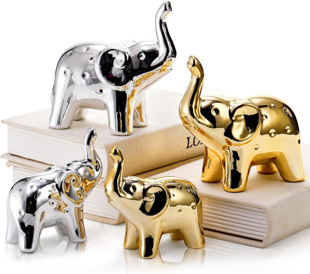 2 Pair Elephant Statue Home Decor, Good Luck Ceramic Elephant Figurines, Modern Style Elephant Decor, Cute Animal Sculpture for Living Room Bookshelf Desktop Office (Gold & Silver)