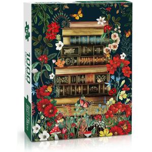BenBen Puzzles for Adults 1000 Pieces, Vintage Books and Wildflower Jigsaw Puzzle with Letters on Back, Challenging Puzzles for Family Game Night Home Dcor, Book Lovers Gifts