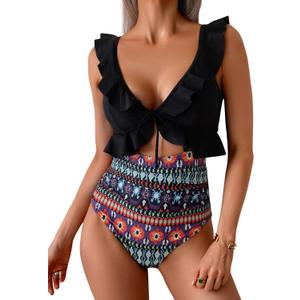 Eomenie One Piece Swimsuit for Women Tummy Control Ruffle Bathing Suit V Neck Ruched Swim Suit Slimming Cutout Swimwear (Medium, Black Print)