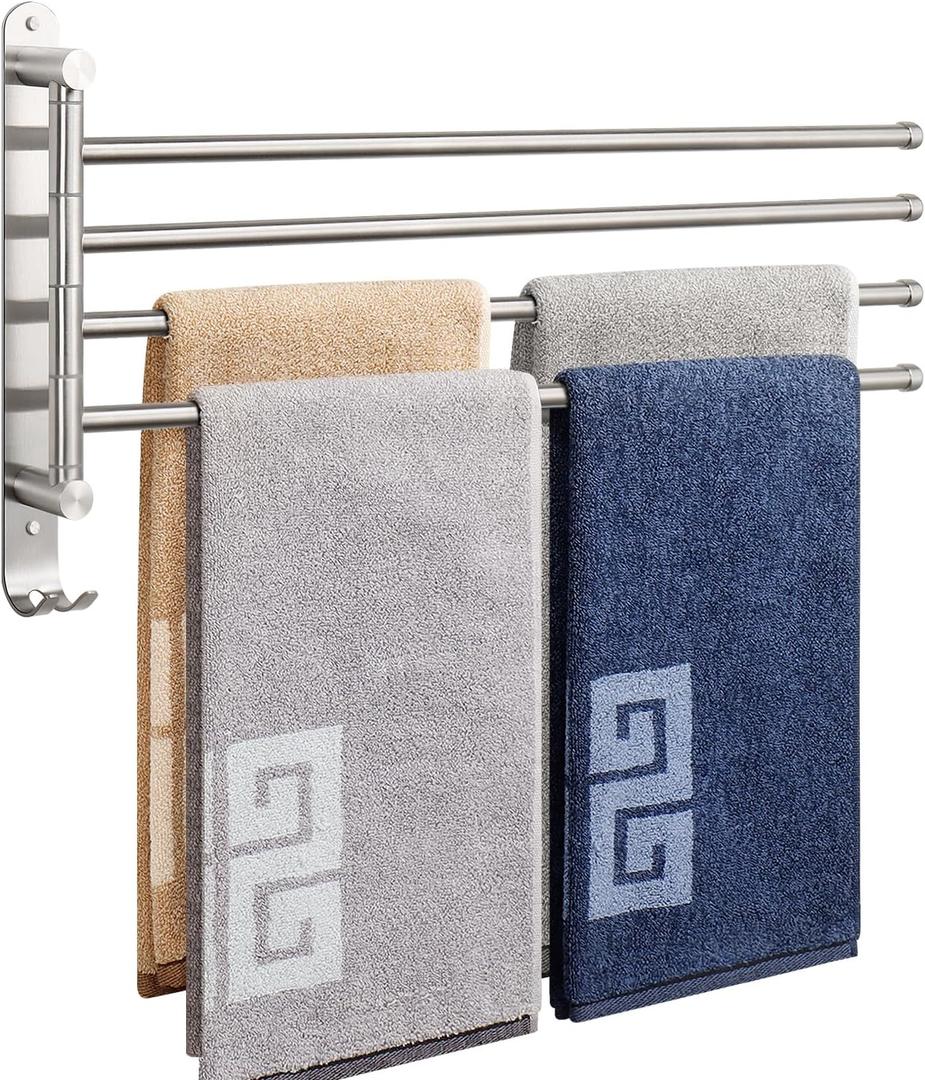 NearMoon Swivel Towel Rack, 19.5" Thicken 304 Stainless Steel 4-Arm Towel Bar, Space Saving Wall Mounted Towel Holder with Hook, Rustproof Swing Out Towel Hanger for Bathroom, Kitchen (Brushed Nickel)