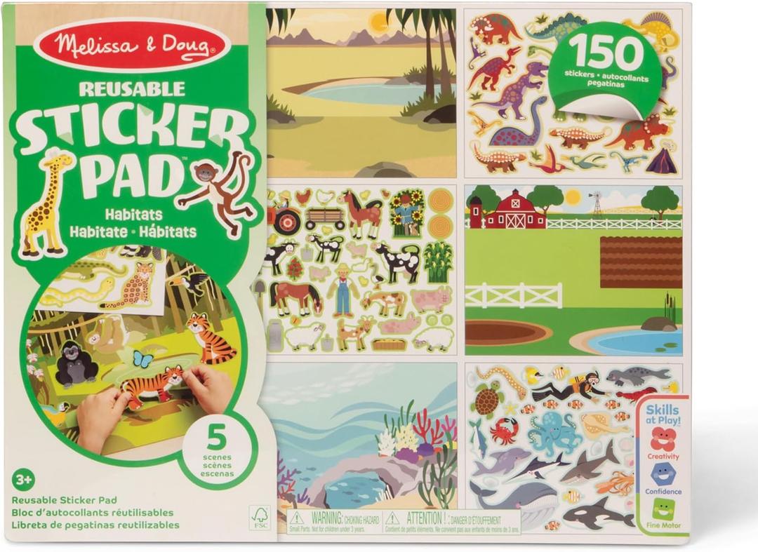 Melissa & Doug Reusable Sticker Pad: Habitats - 150+ Stickers Kids Animal Activities, Restickable Animals Sticker Book, Animal Habitats Removable Stickers for Kids Ages 4+ - FSC-Certified Materials