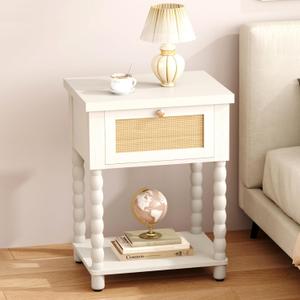 Yusong Rattan Nightstand, 20" W Bedside Table with Solid Wood Leg, Drawer and Open Shelf, Boho Night Stand for Bedroom, Bed Side Table End Table for Small Space, White Oak (Large)