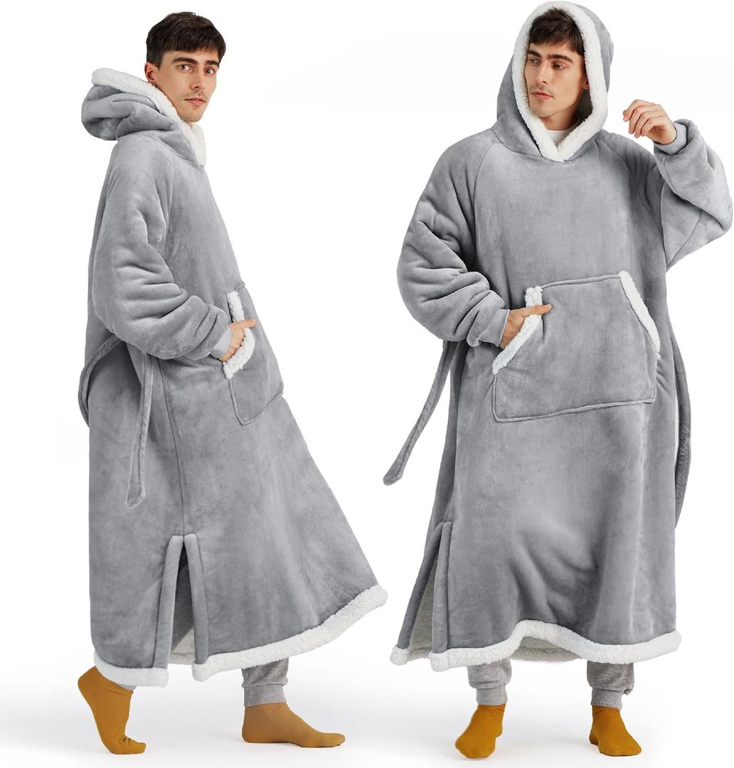 Bedsure Wearable Blanket Hoodie, Long Hooded Blanket Sweatshirt as Christmas Birthday Gifts for Men, Cozy Sherpa Hoodie for Adult, Oversize, Grey