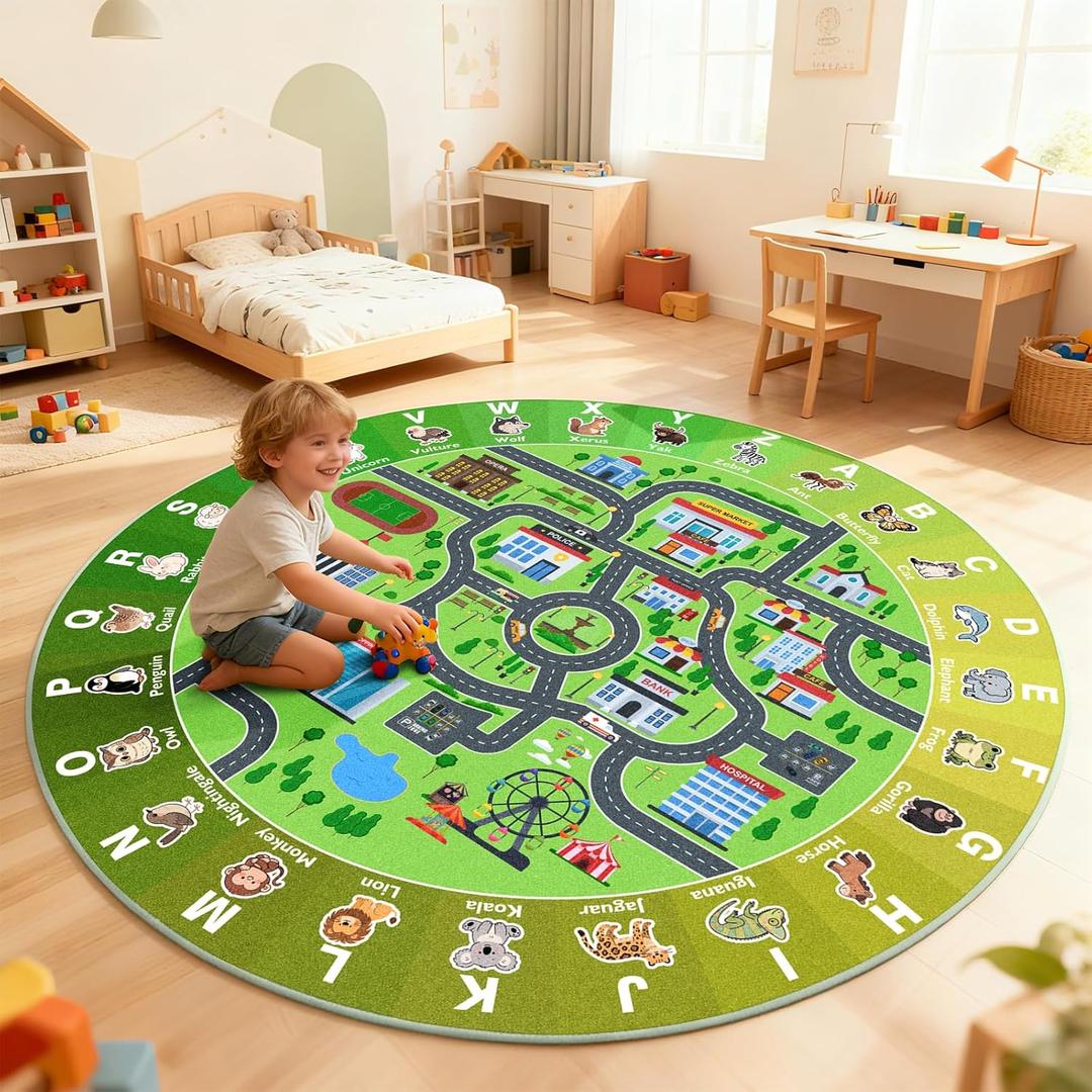 Kids City Road Car Play Rug Round ABC Alphabet Educational Play Mat,47x47'' Non-Slip Town City Map Kids Rug for Bedroom & Playroom Car Play Carpet Track Road Rugs Washable (3'11" (Round))