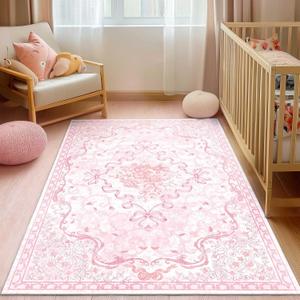 Pink Bow Rug for Bedroom Girls,3x5 Nursery Rugs for Living Room with Soft Low Pile, Cute Vintage Non Slip Washable Rug for Nursery Kids Playroom Dining Room College Dorm Girl