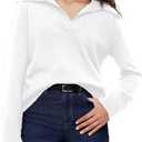 Women's Sweater, Commuting Long Sleeve Polo V Neck Knit Pullover Sweater Loose for Valentine's Day (Medium, White)