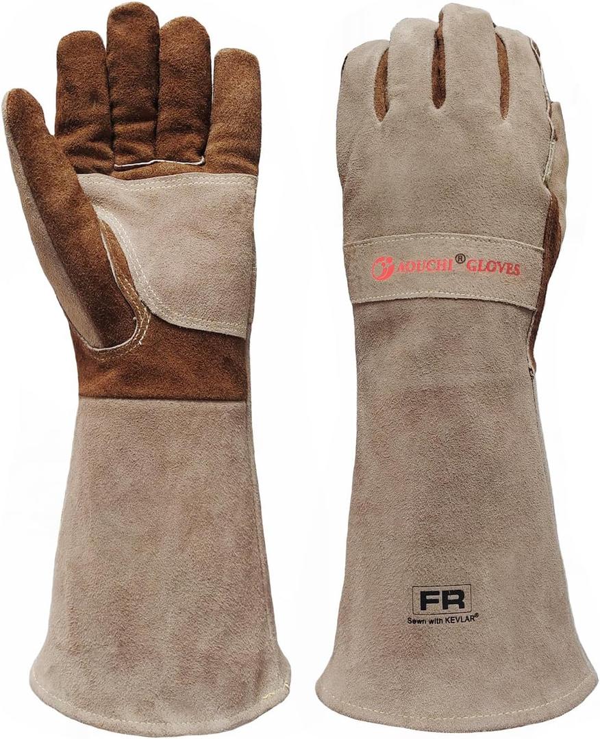 Cowhide BBQ Welding Gloves, Long Sleeve Fireproof and Heat Resistant Mitts for Barbecue, Firefighting, Fireplace, Oven (Large, Coffee)