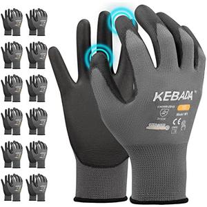 Kebada W1 Work Gloves for Men and Women, PU Coated Safety Gloves with Grip, Touchscreen, Ideal for Warehouse Package Handling, Construction, Gardening, 12 Pairs Gray Large