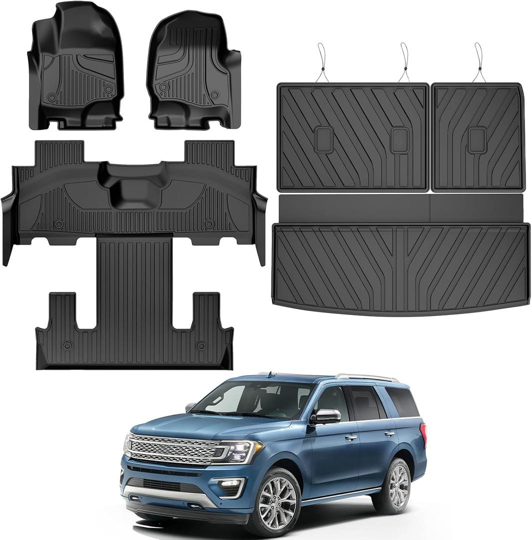 TTX LIGHTING Floor Mats for Ford Expedition 2018-2024 7 Seat with 2nd Row Bucket Seats (Not for MAX) - All Weather Mat Includes 1st and 2nd 3rd Row Liner & Trunk Mat & Backrest Mat