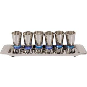 Liquor Cup Set of 6 Hammered Nickel Cone Shaped Designed with Colored Rings (Blue Rings)