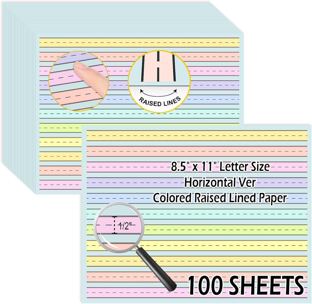 100 Sheets Horizontal Handwriting Paper Raised Line Paper Wide Ruled 0.5 Inch Kindergarten Writing Paper with Lines 8.5"x 11" Colored ADHD Writing Practice for Kids Learning Multi Sensory Dysgraphia