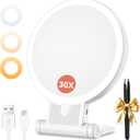 Auxmir 30X Magnifying Mirror, Double Sided 1X /30X Makeup Mirror with Light, Folding Lighted Rechargeable Beauty for Travel, Rotating 3 Color Lights, Dimmable Touch Screen