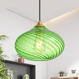Glass Pendant Lights Kitchen Island, Gold Pendant Lighting Fixtures, Modern Hanging Ceiling Light with 11'' Striped Green Glass Shade for Farmhouse Dining Room Bedroom Hallway(1 Pack)