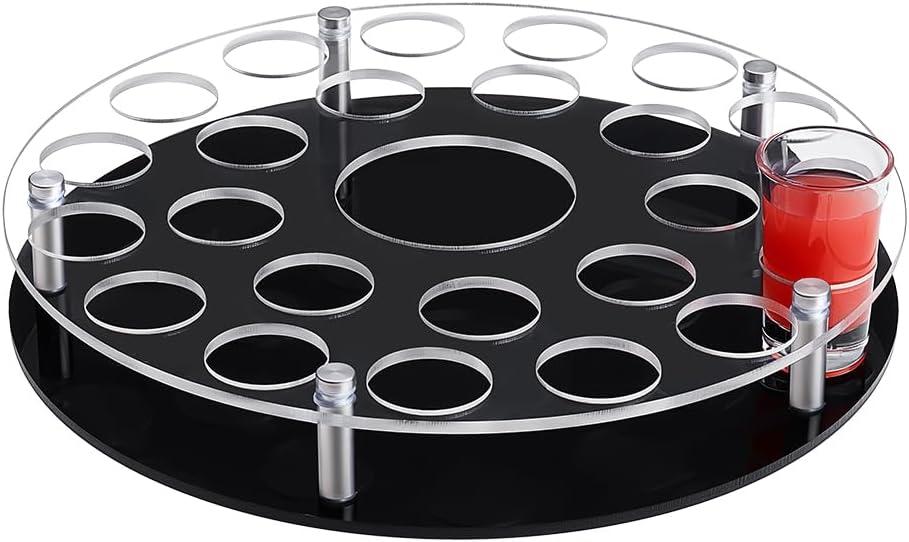 Peacoblue 25 Shot Glass Holder Tray with Heavy Base-Black, Clear Bar Circular Acrylic Cups Tray Holder Organizer with Central Bottle Slot Display Case for Parties, Clubs & Home Bars