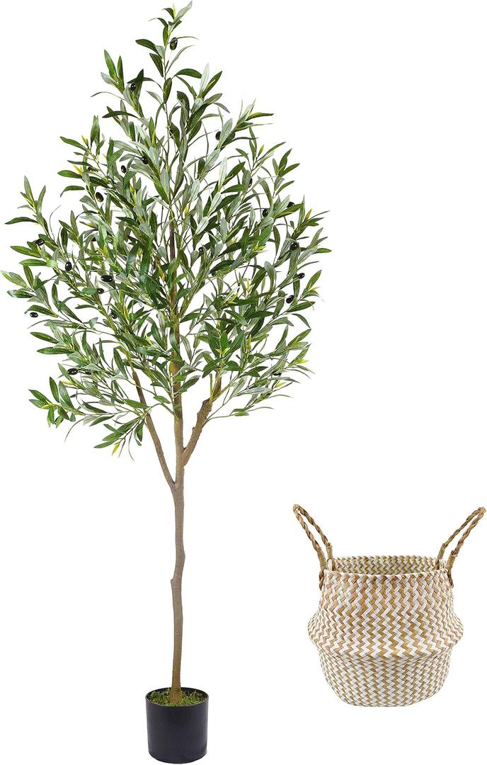 Artificial Olive Tree, 6ft Tall Fake Olive Leaves Plant with Basket, Indoor Outdoor Faux Olive Topiary Silk Tree for Home Livingroom Office Décor