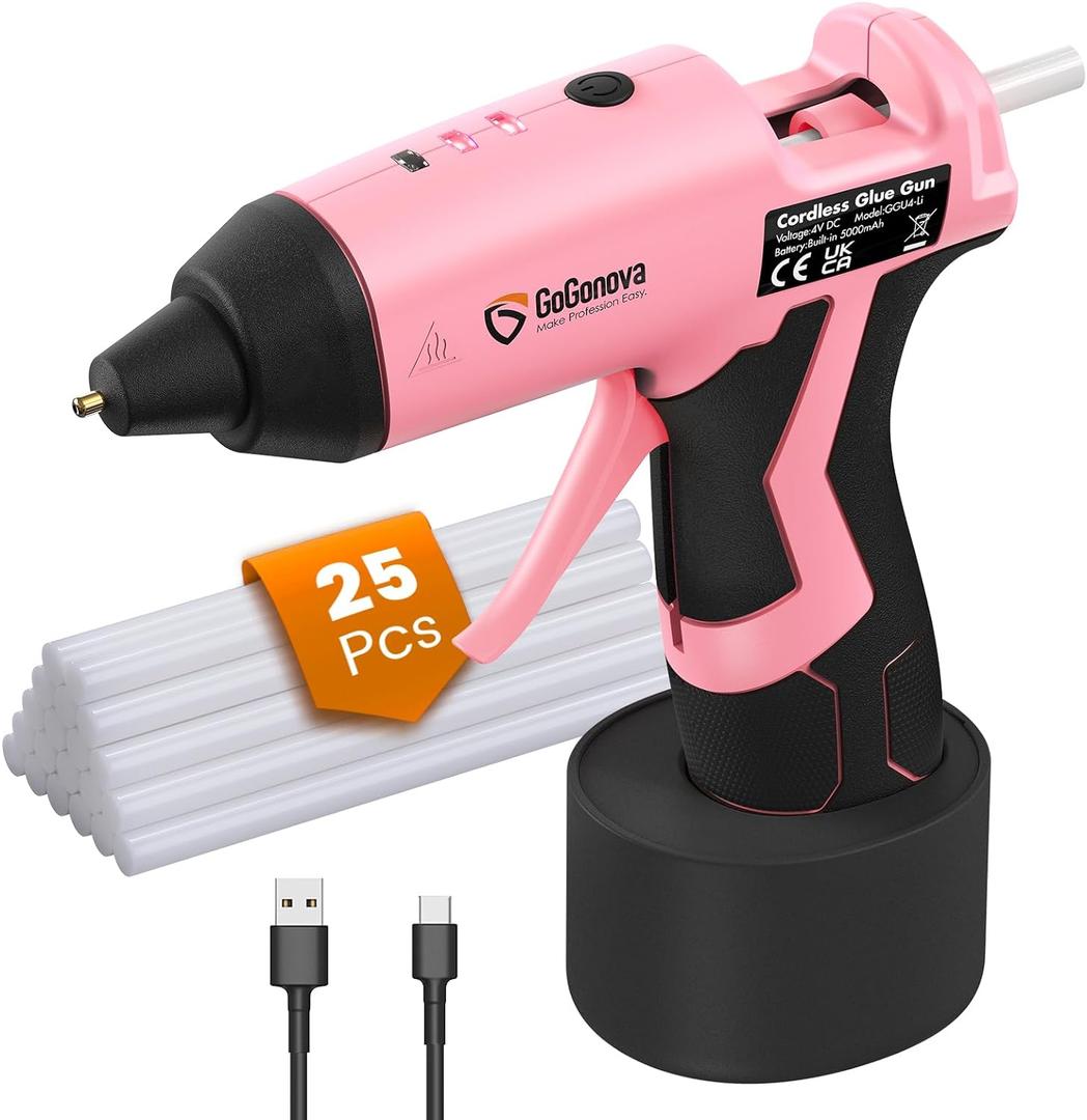 Cordless Hot Glue Tool, GoGonova 15s Fast Preheating 5Ah Built-in Battery Hot Melt Glue Tool, Smart Power-Off, Kit with 25 Pcs Premium Mini Glue Sticks and USB-C Charging Port (Pink)