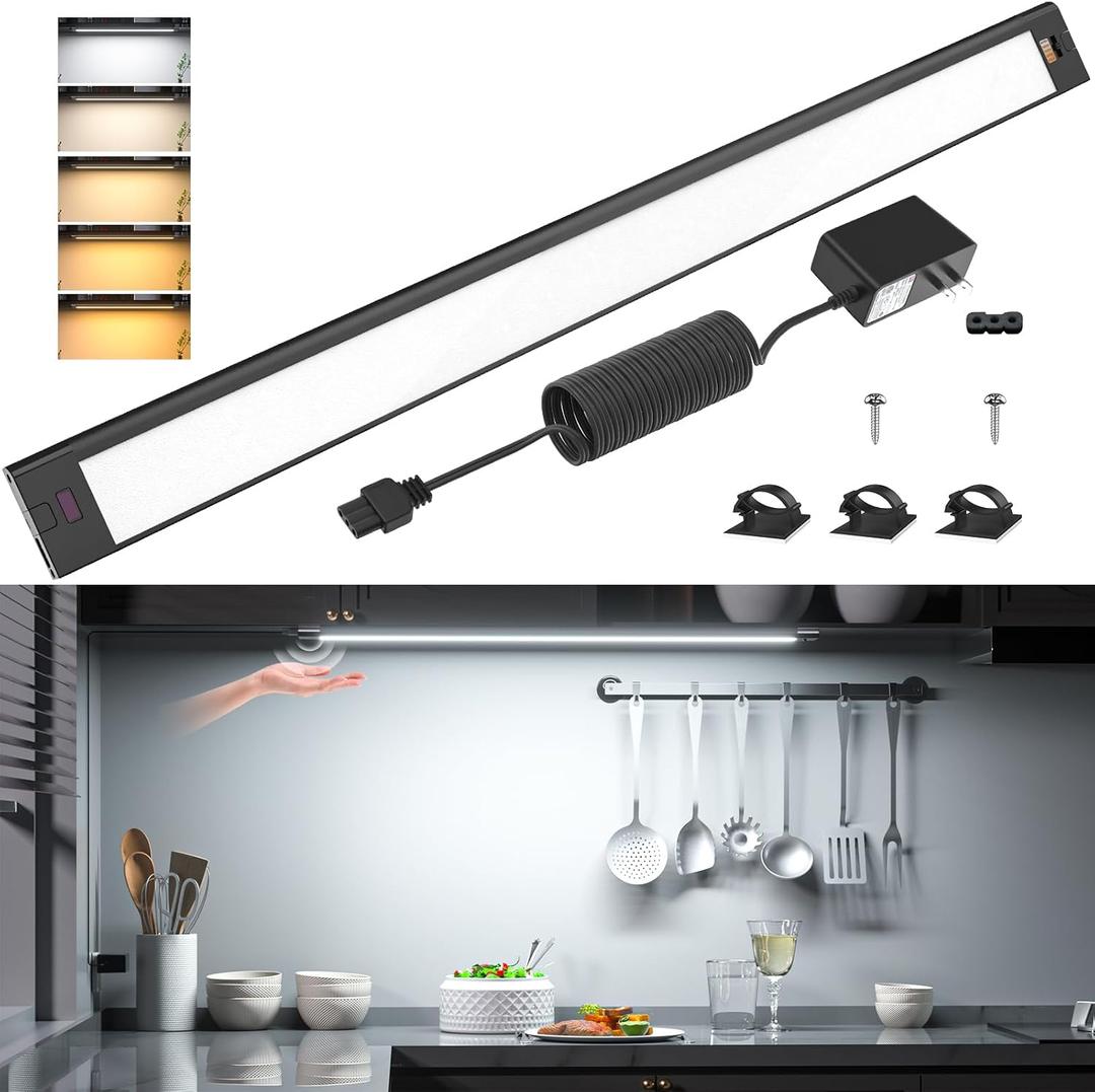 WOBANE LED Under Cabinet Lighting, 24 inch Black Cabinet Light, Hand Wave Activated, Warm White to White Color Tunable,Touchless Dimmable Panel for Kitchen,Counter,Shelf,Under Desk Lighting 1200LM (24inch Black)